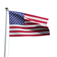 United states flag on a pole waving isolated on white background