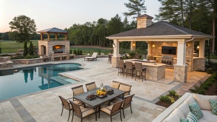 Luxurious High-End Backyard Featuring an L-shaped Plunge Pool and Elegant Outdoor Living Area. Generative AI