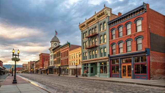 Historic Buildings Line the Streets of the Uptown District in Butte, Montana During a Dramatic Sunset. Generative AI
