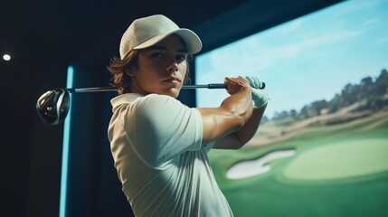 Man playing golf in an indoor practice setting, hitting a ball on a virtual screen.