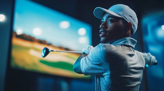Man playing golf in an indoor practice setting, hitting a ball on a virtual screen.