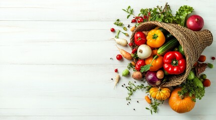 Harvest background with a basket of vegetables and pumpkins on a white wooden table, with copy space.