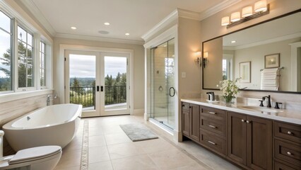 Modern Master Bathroom With Simple Features and Stunning Views of Nature. Generative AI