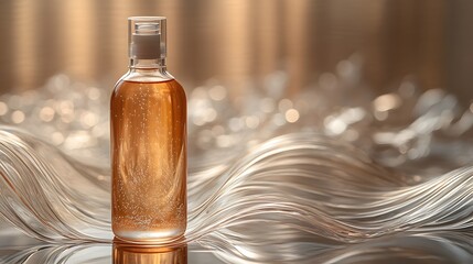Naklejka premium Elegant Cosmetic Bottle Filled with Golden Liquid Reflecting Soft Lights and Subtle Waves in a Luxurious Setting