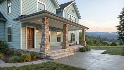 Light Blue Siding House With a Stone Porch and a Scenic View at Dusk in a Tranquil Neighborhood. Generative AI