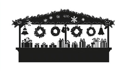 Christmas Market Stall with Wreaths, Gifts, and Ornaments &ndash; Black and White Silhouette for Holiday Cards and Winter Decor