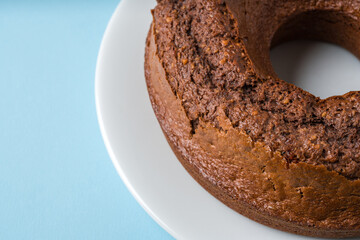 Top view of cocoa, walnut, chocolate carrot and cinnamon bundt cake