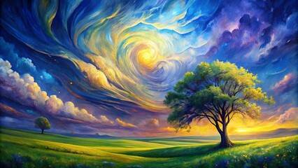 Fototapeta premium A solitary tree stands tall against a backdrop of swirling clouds, bathed in the golden light of a setting sun, creating a serene and dreamlike landscape.