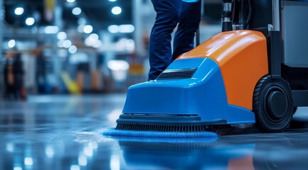 Fototapeta premium An industrial floor cleaner cleaning the concrete surface at a commercial warehouse. 