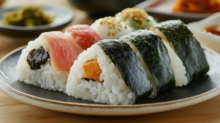 Sushi roll with salmon, tuna, seaweed and sesame