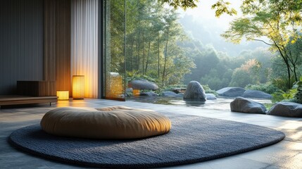 Serene interior with a cozy seating area overlooking nature.