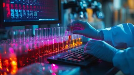 Scientist working in a laboratory with test tubes and a computer
