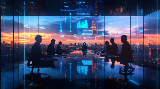 A futuristic meeting room with people around a dark, reflective table, casting shadows. Digital data overlays like line graphs and abstract icons hover in the air. The room has a minimalist design. - Powered by Adobe
