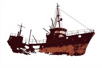 Fototapeta premium silhouette of a dilapidated ship with a corroded hull and shattered mast, ideal for marine-themed designs, set against a white background.
