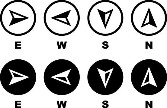 Set of compass icons with directional arrows pointing east, west, south, and north, perfect for navigation, mapping, app interfaces, and design elements