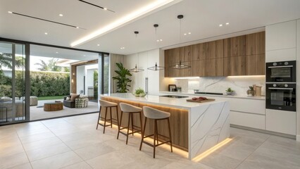 Modern Kitchen With Illuminated Wooden Island Showcasing Contemporary Design and Open Layout. Generative AI