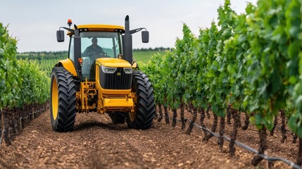 Obraz premium A yellow tractor plowing through a vineyard, surrounded by healthy grapevines and a clear sky, showcasing agricultural productivity.