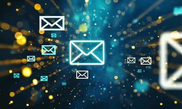 A digital blue glowing envelopes on a dark background animation with, representing fast and modern email marketing. 4k background animation of a digital email icon floating in the air.