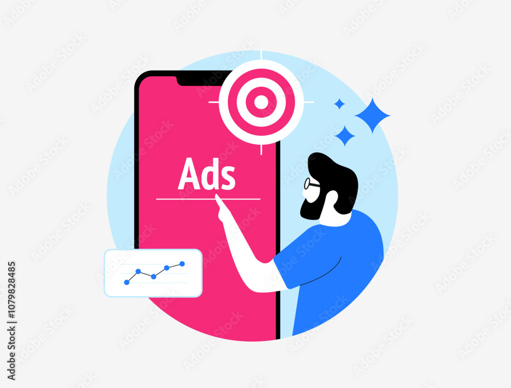 Poster interstitial ads and in-app advertising on mobile. user engaging with ad content. digital marketing 