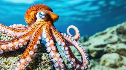 Naklejka premium A vibrant octopus gracefully moves through clear ocean waters, showcasing its unique colors and textures among the coral.