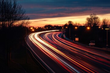 Obraz premium A long exposure shot of a highway at sunset with blurred car lights.