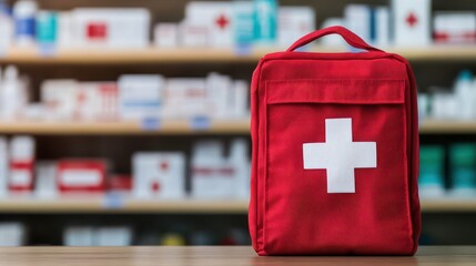 A red first aid kit with a white cross, ready for emergencies, placed against a blurred pharmacy background.
