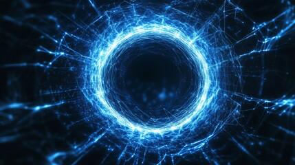 Abstract blue glowing light ring with a swirling effect on a black background.