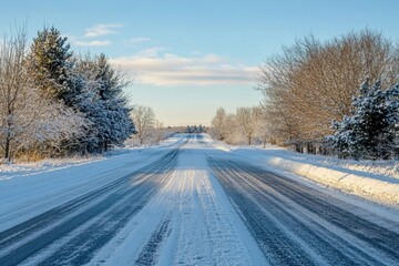 Obraz premium A long, snow-covered road stretches into the distance with a clear blue sky above.