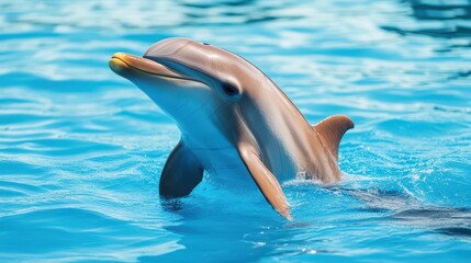 Fototapeta premium A playful dolphin swimming gracefully in clear blue water, showcasing its playful nature and intelligence in its natural environment.