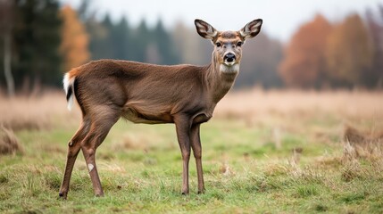 Fototapeta premium A graceful deer stands in a serene meadow, surrounded by fall foliage, capturing the essence of nature's beauty.