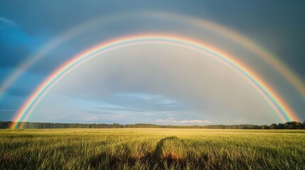 Obraz premium A stunning rainbow arcs over a vibrant field under a dramatic sky, showcasing nature's beauty and peaceful atmosphere.
