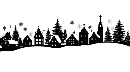 Obraz premium Silhouette of a Vintage Christmas Village with Cottages and Pine Trees – Black and White Vector for Seasonal Decor and Cards