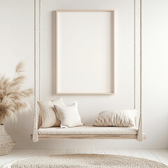 White poster frame mockup in a children's room, with a pastel pink and beige color scheme. A wooden...