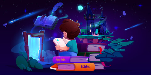 Boy reading open magical tale book and imagine misty medieval castle float on island in starry night sky, glowing portal and flying road to palace. Stack of children fairytales and fantasy literature.