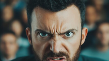 Close-up of an intense man expressing anger, showcasing deep emotions in a crowded environment.