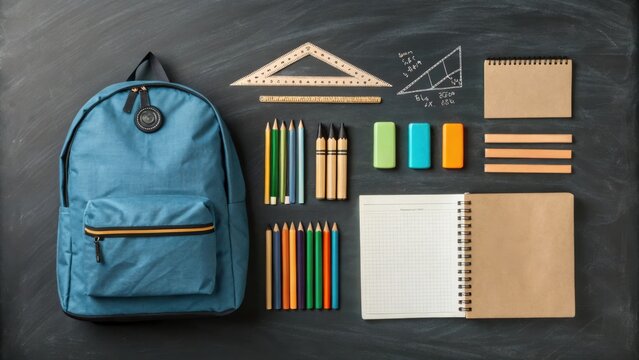 Essential School Supplies Laid out on a Blackboard Background for Back-To-School Preparations. Generative AI
