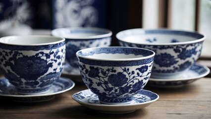 Decorative Blue and White Porcelain Bowls and Cups Arranged on a Wooden Table in a Cozy Setting