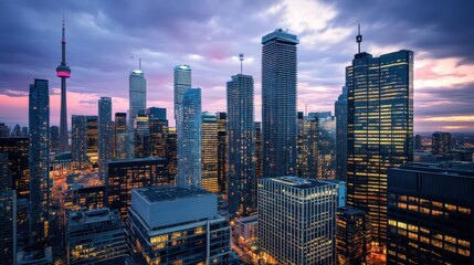 Obraz premium A vibrant city skyline at dusk, showcasing modern skyscrapers and urban lights.