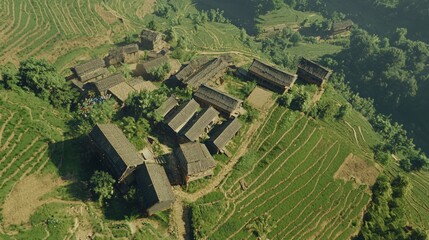Fototapeta premium Tranquil Beauty of Rural China: Aerial View of Terraced Fields, Thatched-Roof Houses, and Farmers in Picturesque Landscape