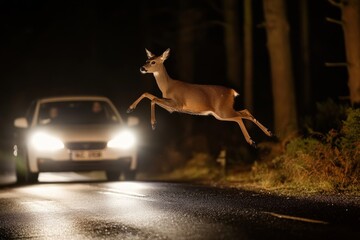 A deer jumping across the road in front of an oncoming car at night.  © SandrisK