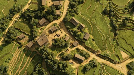 Aerial View of Picturesque Rural China with Terraced Fields, Thatched-Roof Houses, and Farmers Tending Livestock amidst Rolling Hills