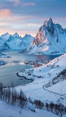 Winter Wonderland in Lofoten, Norway Showcasing Stunning Mountains and Serene Fjords at Sunset. Generative AI