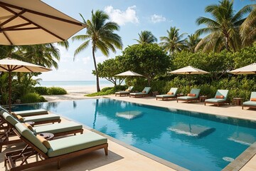 Luxurious Resort Pool Surrounded by Pristine Beaches and Lush Greenery with Elegant Loungers and Sun Shades