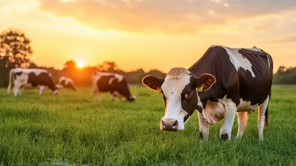 A peaceful cow grazing in a lush green field during a beautiful sunset, showcasing the calm of rural life.