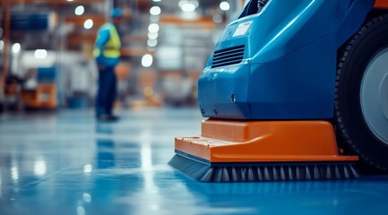 Obraz premium An industrial floor cleaner cleaning the concrete surface at a commercial warehouse. 