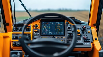 Interior view of a modern tractor dashboard, showcasing advanced technology for efficient agricultural operations.