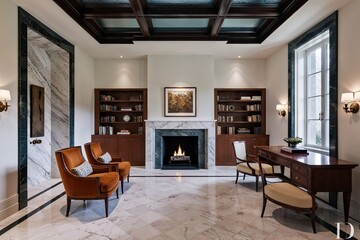 Fototapeta premium Elegant Study Design Featuring Marble Flooring Glazed Ceiling Beams and Cozy Fireplace in Luxurious Interior