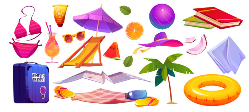 Beach vacation stuff - travel suitcase, swim bikini and sunglasses, lounger with umbrella, palm tree and map, blanket, books, summer cocktail and fruits, inflatable ring, tropical holiday accessories.