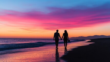 Silhouetted couple walking hand in hand along a beach at sunset, vibrant colors reflecting on calm water.