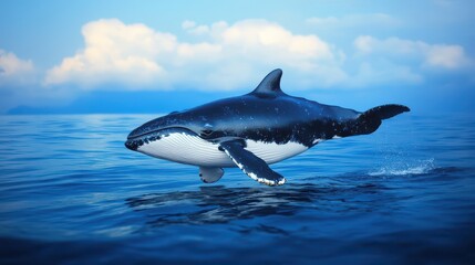 Fototapeta premium A majestic whale gracefully breaching the ocean surface under a clear blue sky, showcasing nature's beauty and power.